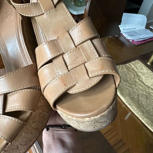 Tory Burch Leather Wedge Strappy Slingback Sandals Cork - Picture 9 of 9